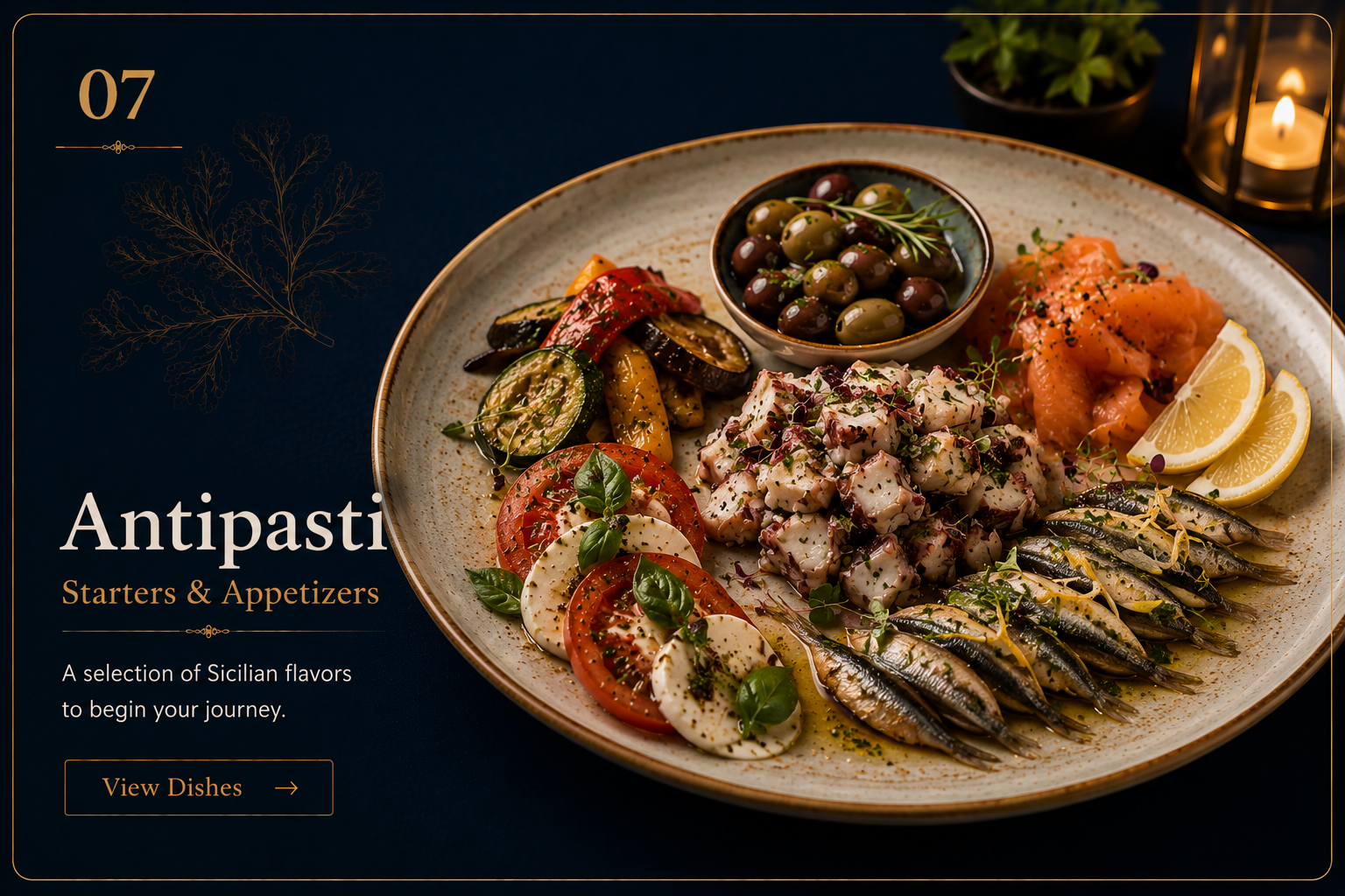 Sicilian antipasti platter with caprese, anchovies, olives, grilled vegetables, smoked salmon, and octopus.