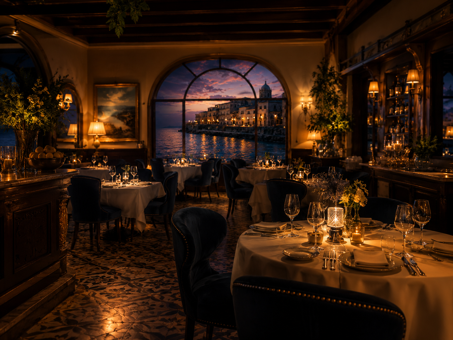 Elegant terrace dining beside Siracusa waterfront at twilight.