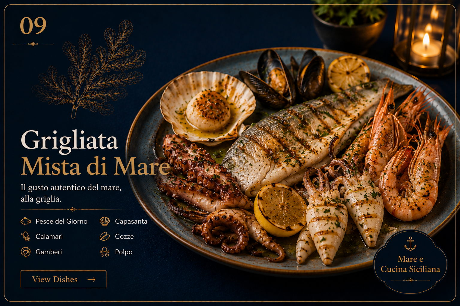 Mixed grilled seafood platter with fish, prawns, scallops, mussels, octopus, and lemon.