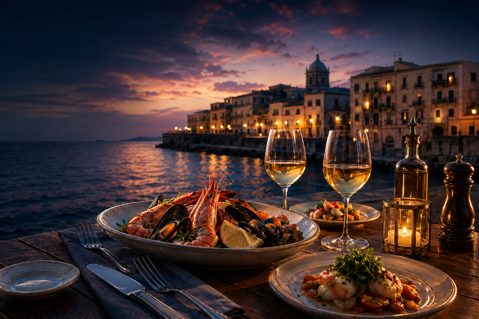 Elegant seafood table with wine glasses, candlelight, and Siracusa waterfront at sunset.
