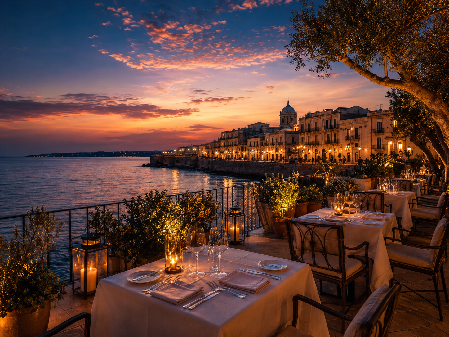 Seaside restaurant terrace in Siracusa at sunset with candles and white tablecloths.