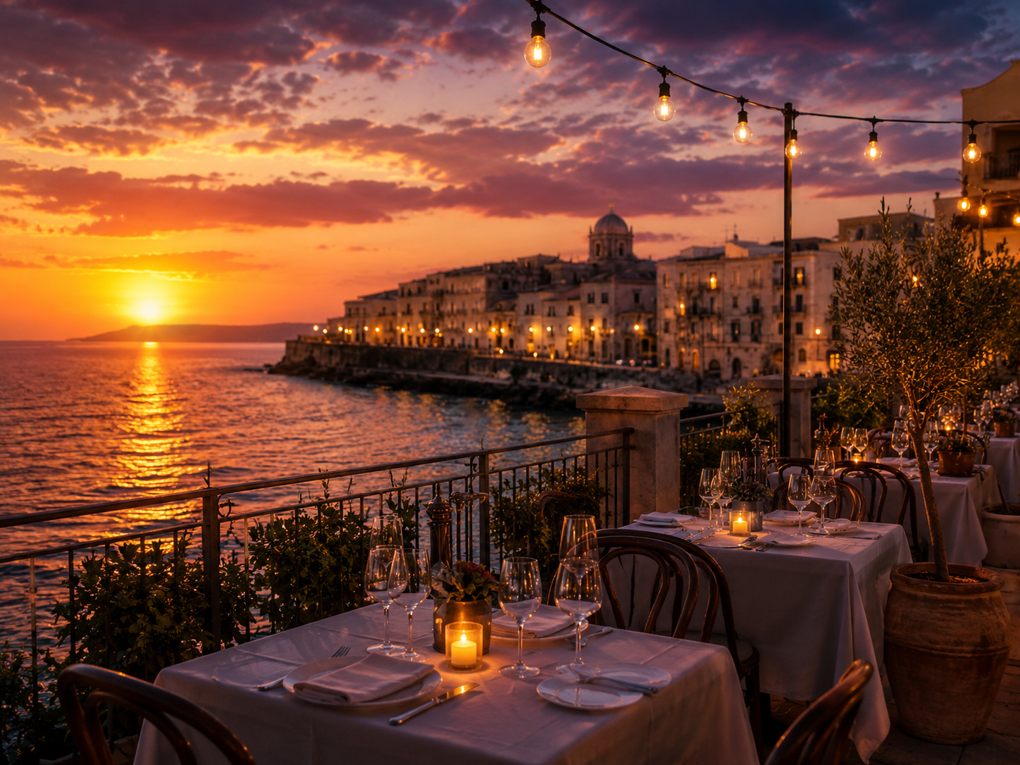 Elegant candlelit restaurant interior with arched sea-view window.