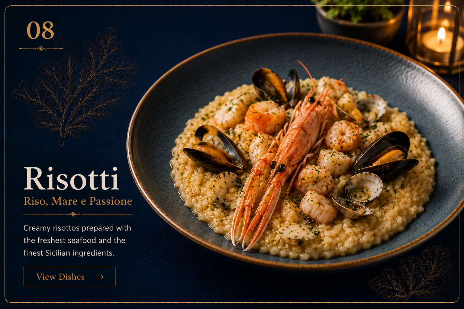 Seafood risotto with shrimp, mussels, clams, and langoustine.