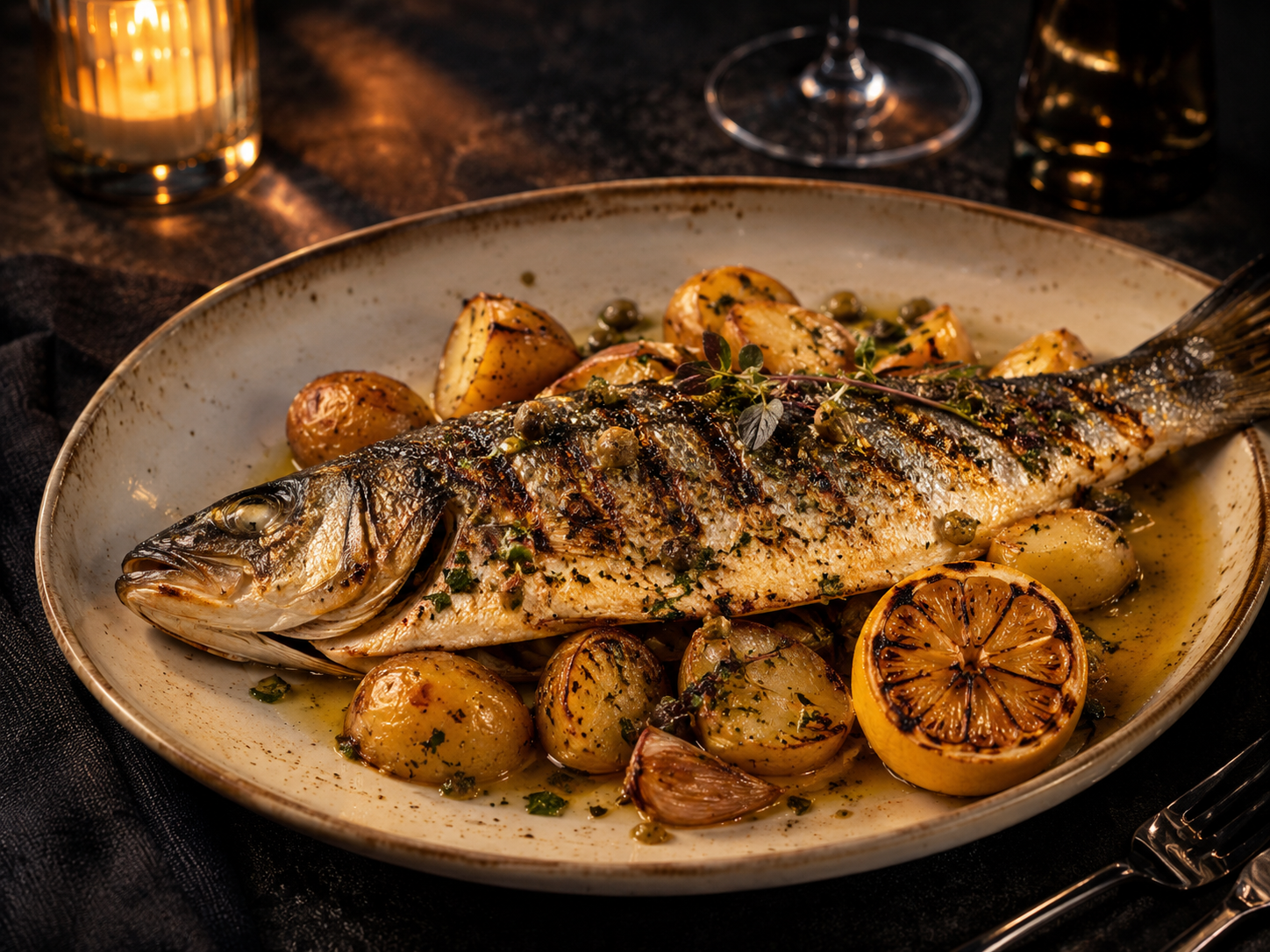 Grilled branzino with roasted potatoes, herbs, lemon, and capers.