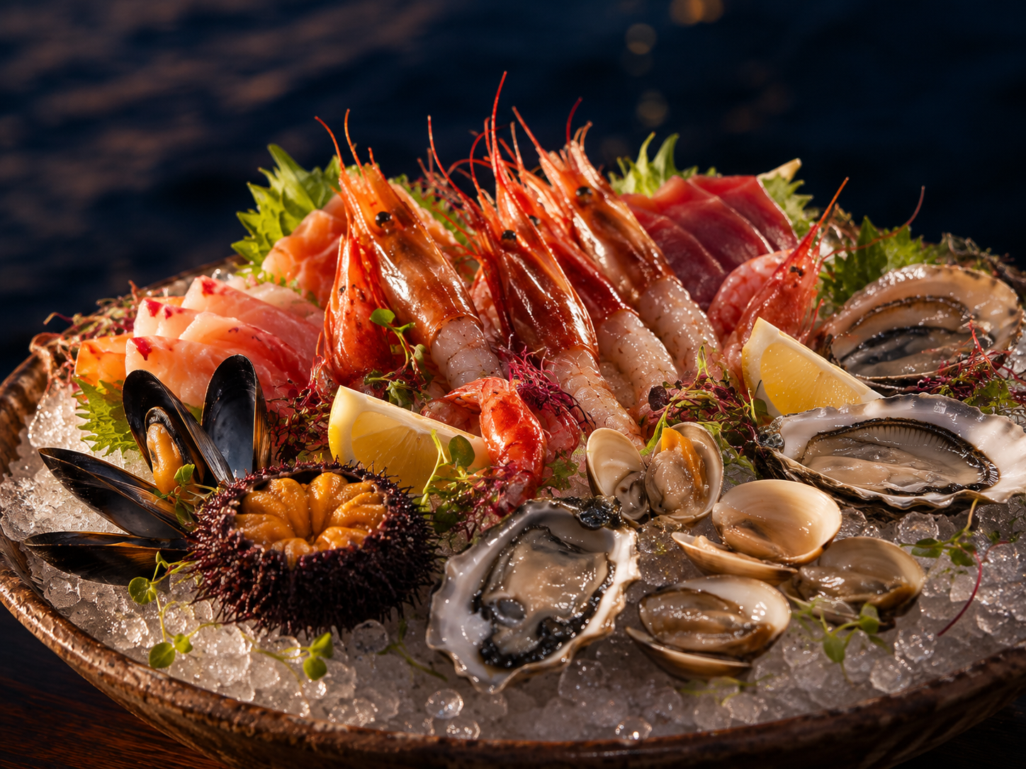 Luxury raw seafood platter on ice with oysters, prawns, clams, mussels, tuna, and lemon.